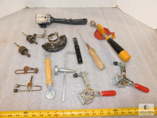 Lot of assorted Hand Tools: Saw, Glass Cutter, Drill, Drill Chucks, Clamps and more