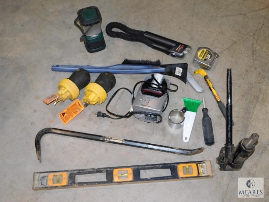 Lot of Assorted Tools: Level, Pry Bar, Flashlights, Bottle Jack, and more
