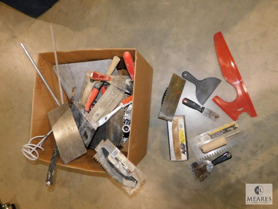 Lot assorted Drywall Tools: Trowels, Drywall hawk, Paint Mixers, Rollers and more