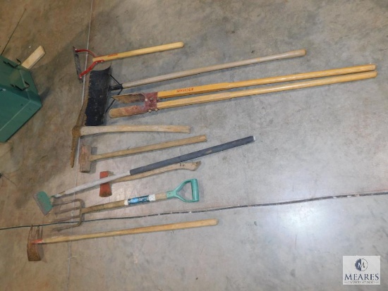 9 Piece Lot Garden Tools: Hoe, Pitch Fork, Axe, Pick Axe, Grass Cutter, Post Hole Digger and more