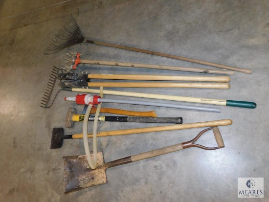 9 Piece Lot Garden Tools: Shovel, Axe, Aerator, Gravel Rake, Post Hole Digger and more