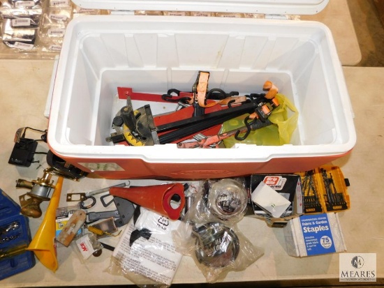 Coleman Cooler with Assorted Tools, Door Knobs, and Hardware Items