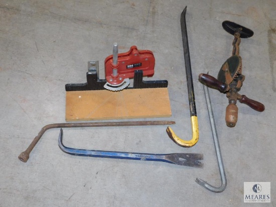 Lot assorted Tools - Mitre box, old Hand Drill, Pry bars