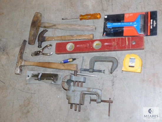 Lot of assorted Tools - Level, Hammer, Tape Measure, Clamps, Allen Wrenches, and more