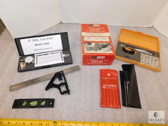 Lot Mitutoyo Micrometer Set, Dial Calipers, Levels, and Craftsman 7" Guard