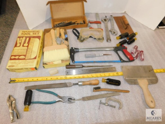 Lot assorted Tools - Files, Rulers, Paperhanging Set, Saw, Wrenches, and more