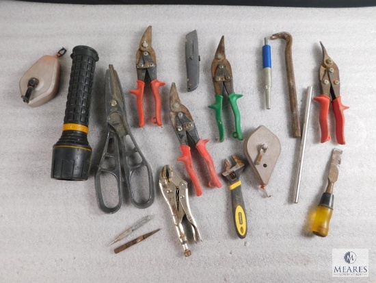 Lot of assorted Tools; Tin Snips, Nail Puller, Wrench, Chalk Lines, Flashlight and more