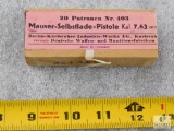 Rare Original DWM 7.63mm Mauser Ammo Unopened Box 20 Rounds on Stripper Clips for Broomhandle Pistol