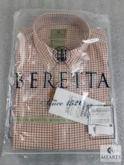 New Beretta men's Classic Drip Dry Shirt Beige & Red Check Plaid Size M Medium