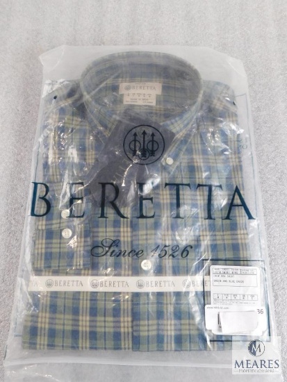 New Beretta men's Drip Dry Shirt Short Sleeve Green & Blue Check Plaid Size S Small
