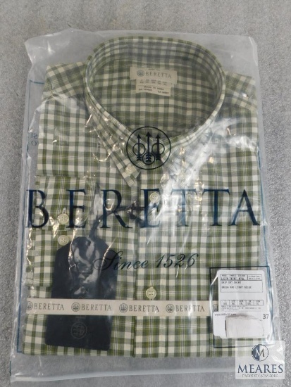 New Beretta men's Drip Dry Shirt Short Sleeve Green & Light Beige Check Plaid Size XL X-Large