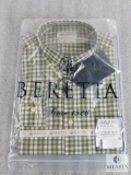 New Beretta men's Drip Dry Shirt Green & Light Beige Check Plaid Size L Large