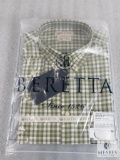 New Beretta men's Drip Dry Shirt Green & Light Beige Check Plaid Size L Large