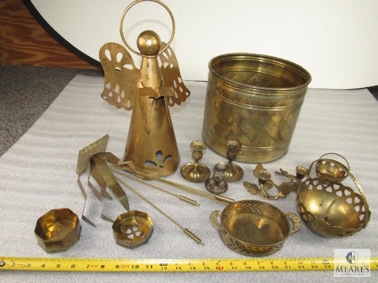 Lot Assorted Copper & Brass Decorations - Planter, Candle Holders, Angel, and more