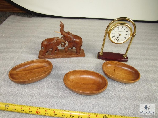 Lot Howard Miller Mantle Clock, Wood Acacia Bowls, & Wood Carved Elephants