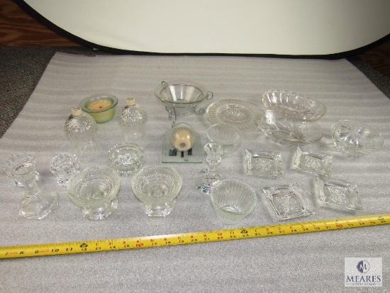 Lot of Clear Glass or Possibly Crystal Candle Holders, Bowls, and more
