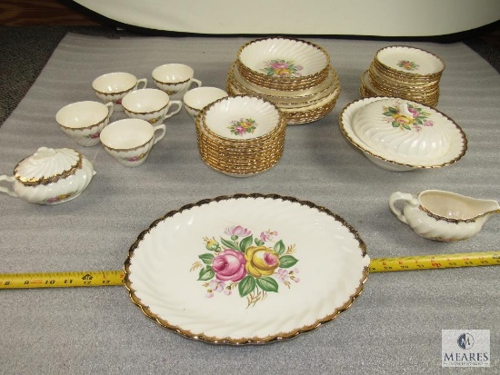Approximately 40 Pieces Royal China 22K Gold Trim Ivory with Floral Pattern