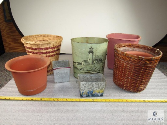 Lot of Planter Buckets, Wicker Baskets, Tin Planters and more