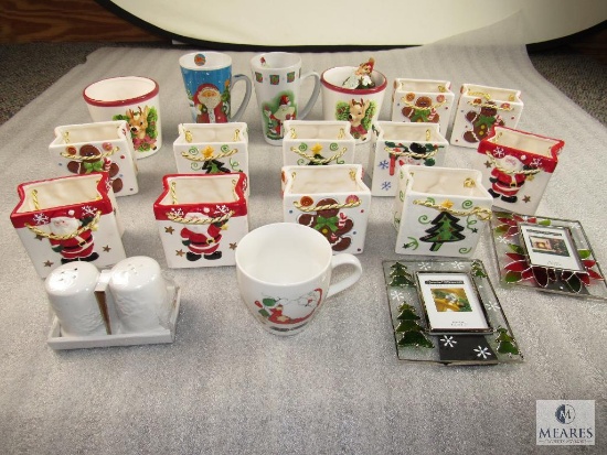 Lot of Porcelain Christmas Planters, Baskets, Picture Frames, & Latte Mugs