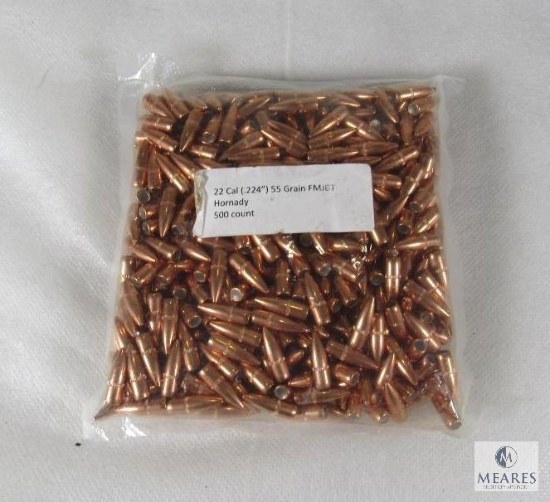 500 Count Hornady .22 Call Bullets .224" 55 Grain FMJBT for Reloading