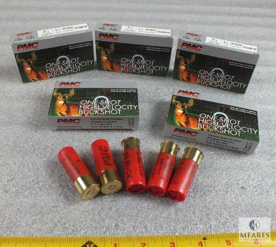25 rounds- 12 gauge PMC 00 Buckshot 9 pellets 2 3/4" high velocity. Hard to find. 5 boxes of 5 each.