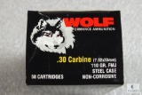 One box of WOLF .30 carbine 110-grain FMJ ammunition
