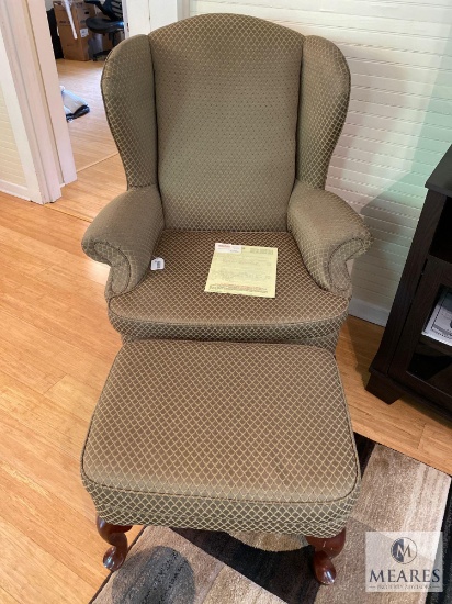 Queen Anne Wing Back Chair with Matching Ottoman - Sage color