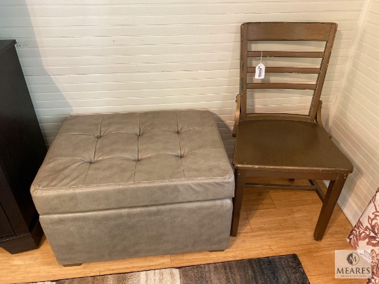 Leather Storage Ottoman and Wooden Straight Back Chair