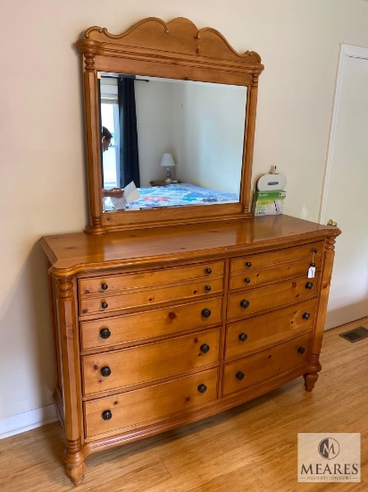 Eight-Drawer Honey Pine Dresser with Beveled Edge Mirror