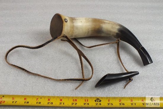 Bull Horn / Powder Horn Approximately 11" Long with Measure Cup and Leather Straps