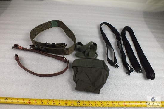Lot 2 Nylon Rifle Slings 1 Leather Sling Military Belt 30" & Military 7.62mm Pouch with Shoulder