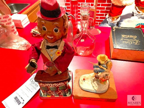 Tin Lithograph Bartender and Coca-Cola Out Fishin' Commemorative Figurine