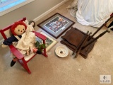 Oak Table Project, Two Framed Pieces, Rocking Chair, Two Dolls