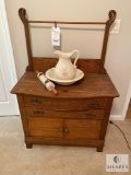 Oak Wash Stand with Bowl and Pitcher and Rolling Pin