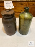 Wallawhatoola Alum Water Green Glass Bottle and Pottery Jar with Lid