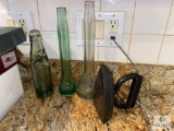 Lot of Three Unusual Glass Bottles and Hand Iron