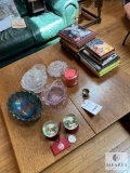 Contents of Table - Books, Pressed Glass Pieces, Atlanta Snow globes
