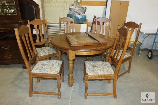 Solid Wood Round Dining Table with 6 Matching Chairs and Leaf