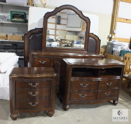 King Size Bedroom Suite Set with Bed, Nightstand, Dresser & Mirror, and Entertainment Chest