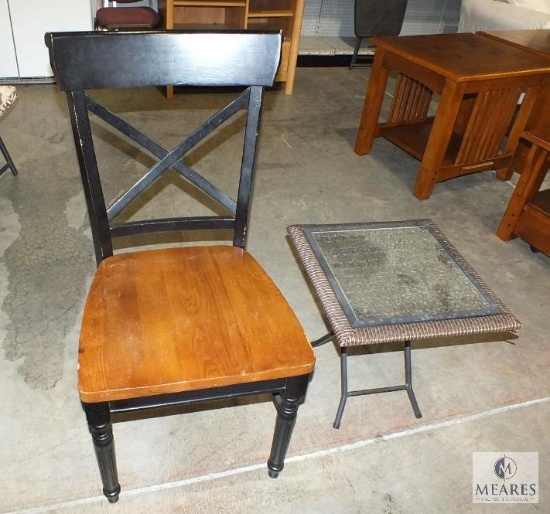 Lot Wood Crossback Dining Room Chair and Patio Glass Top Side Table