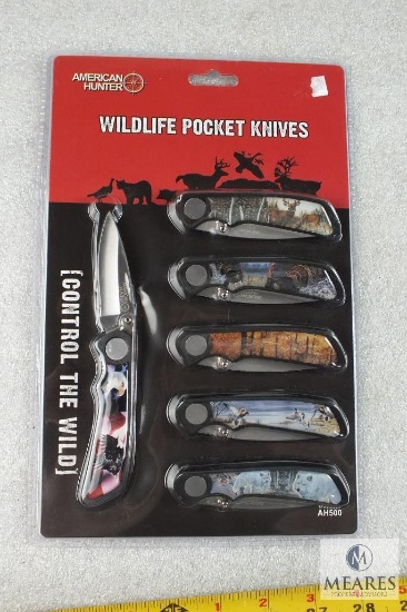 New Set of 6 Knives Folder Set with Animal Scene Panel and Belt Clip Knife