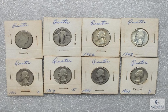 Group of (8) mixed silver quarters - Barber, Standing Liberty and Washington