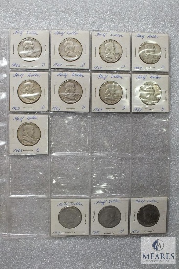 Lot of (9) Franklin half dollars and (3) clad Kennedy half dollars