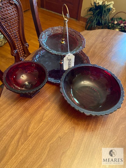 Avon Cranberry Color Two Level Server, Nut Bowl, Fruit Compote