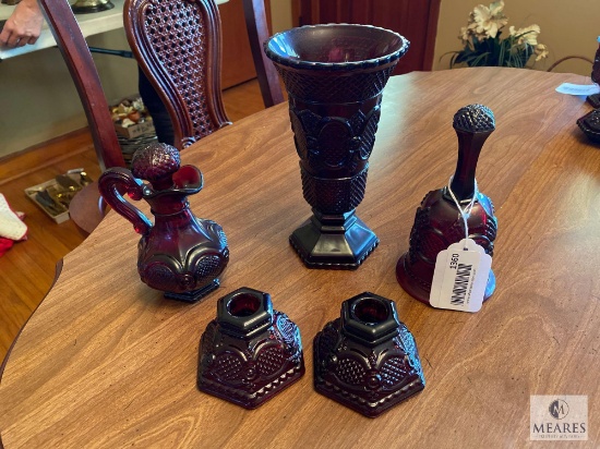 Avon Cranberry Color Vase, Perfume Bottle, Bell, and Candleholders