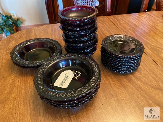 Avon Cranberry Color Six Bowls, Seven Dessert Bowls, and Eleven Saucers