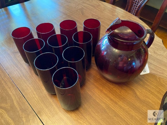Vintage Red Glass Pitcher with Ten Glasses