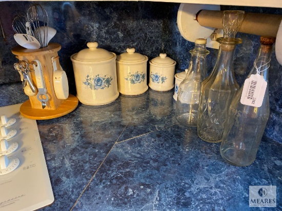 Glass Bottles, Canisters, Lazy Susan with Measuring Items