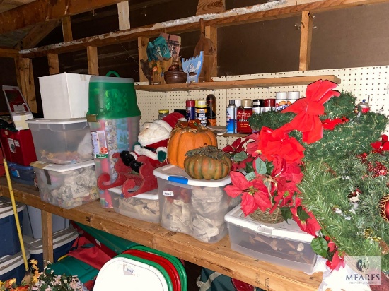 Large Lot of Christmas Items on Top of Workbench