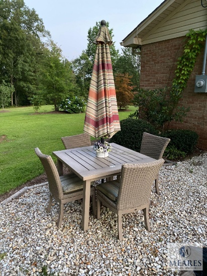 All Weather Patio Table, Four Chairs, and Umbrella